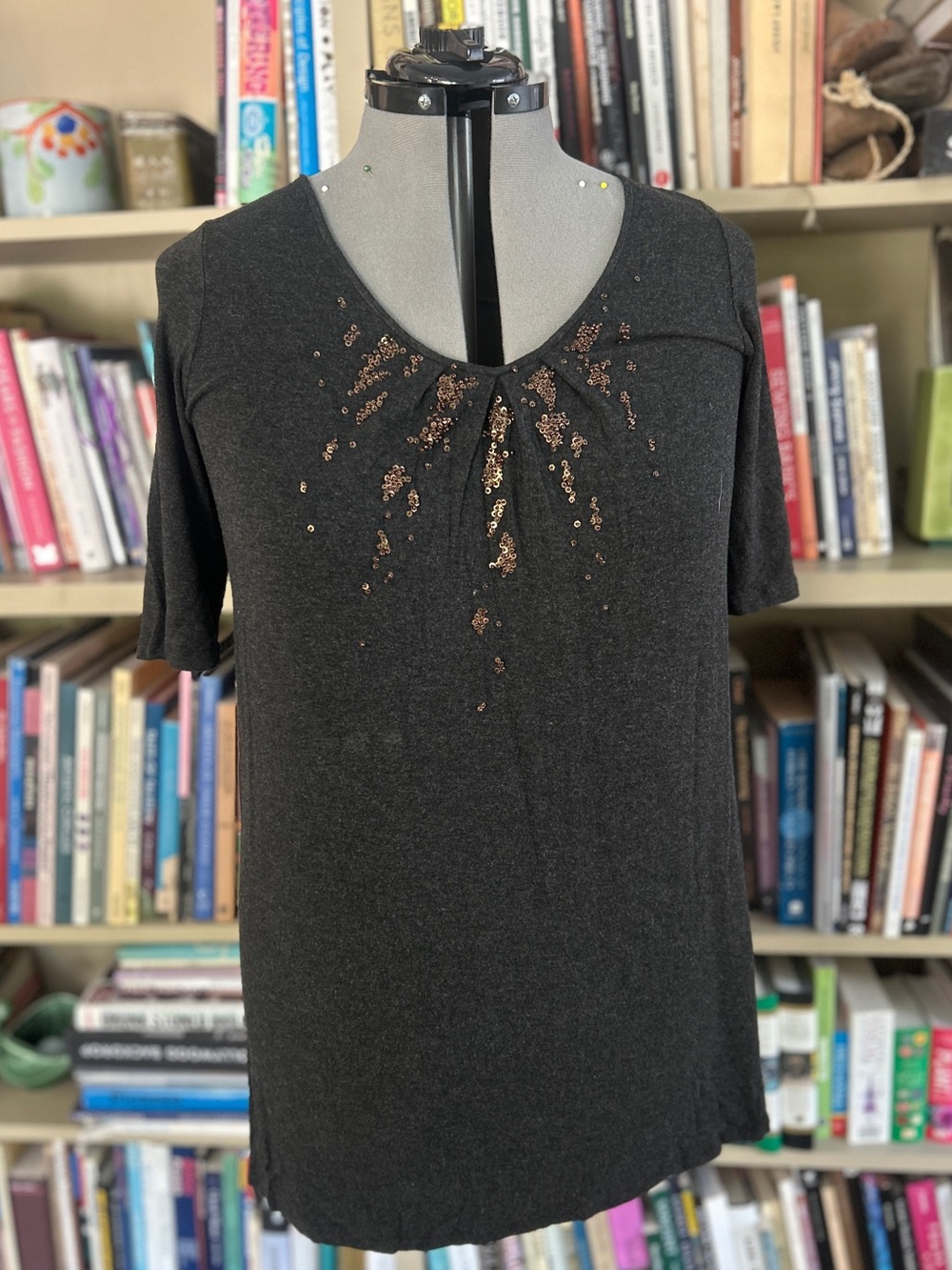 Eileen Fisher Black Short Sleeve Embellished Shirt